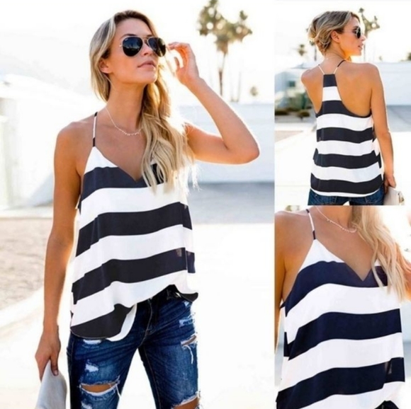 - Tops - Soft Nautical Striped V-Neck Tank Top